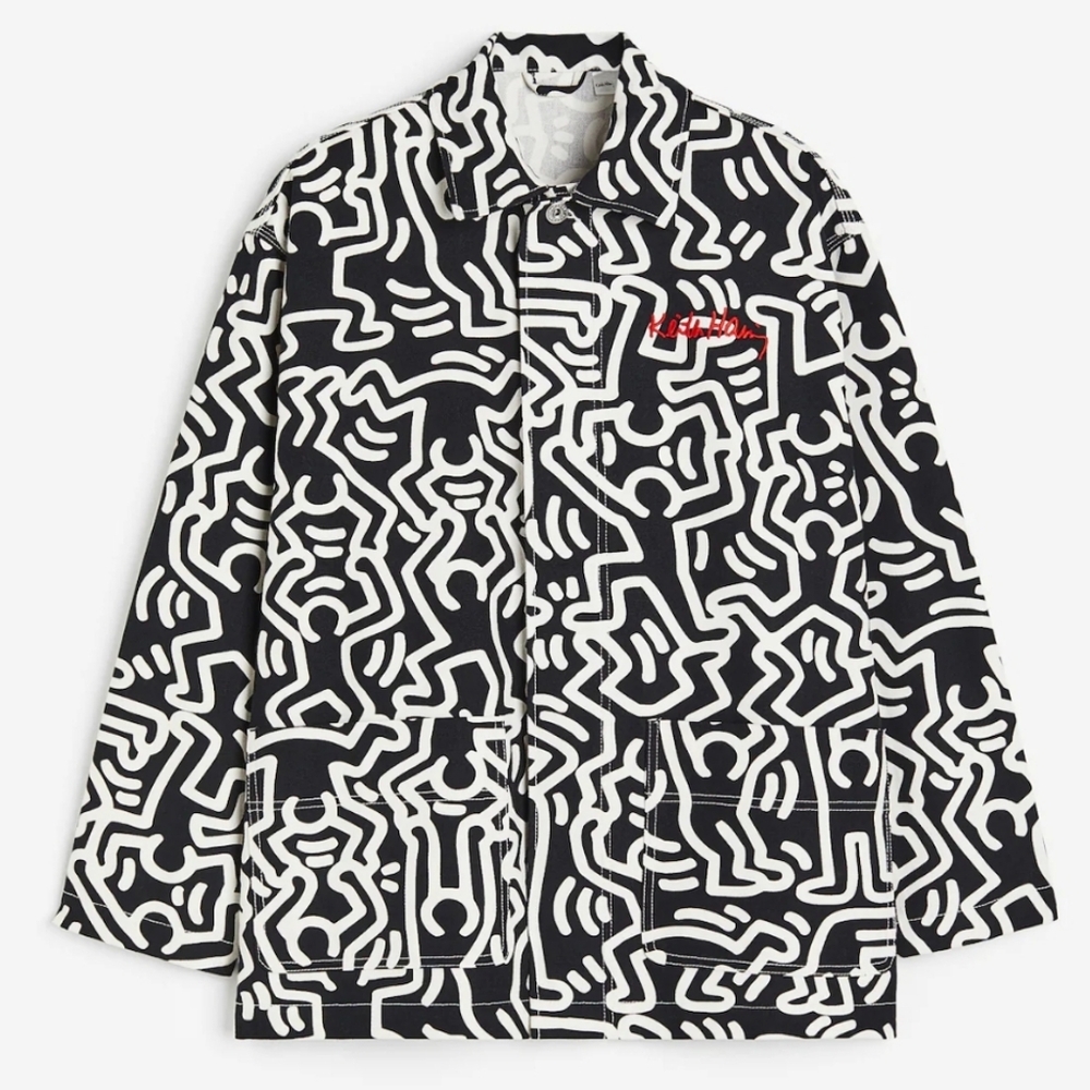 H&M Keith Haring Twill All Print Button Up Oversized Jacket Size XS